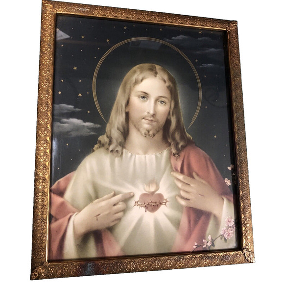 Sacred Heart Of Jesus Print by S. I. Sy in A Metal Frame 1960s Vintage - Picture 1 of 11
